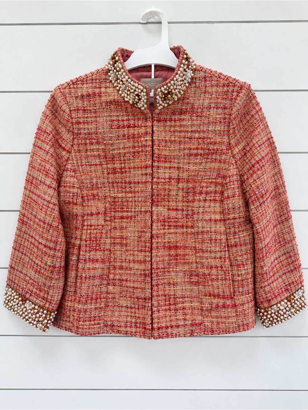 Chico’s Embellished Tweed Jacket Pearl Sequin Floral NWT Sz 1 M
